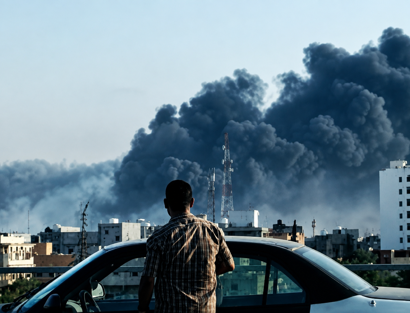 Crisis scene with smoke over an urban area