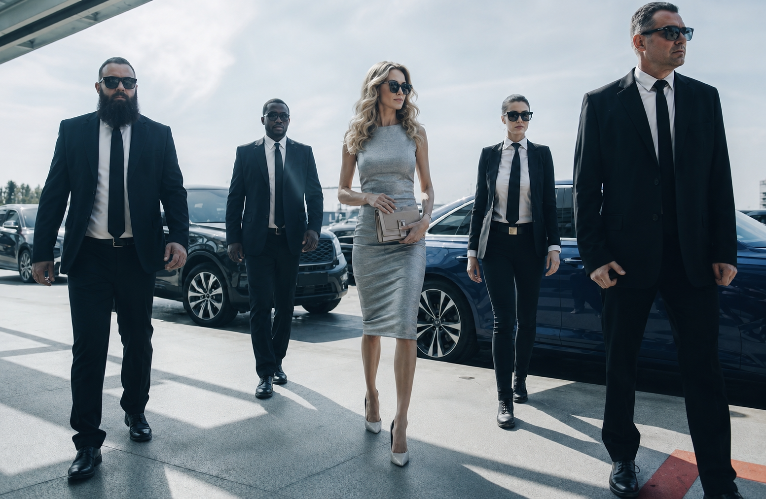 Close protection team escorting a client